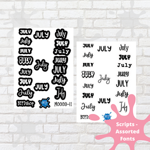 July Assorted Font Script Stickers