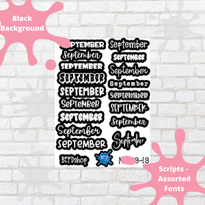 September Assorted Font Script Stickers