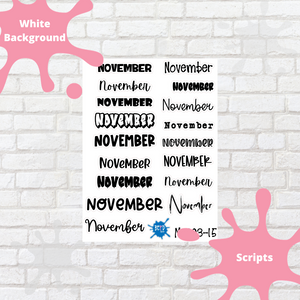 November Assorted Font Script Stickers