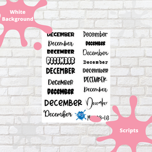 December Assorted Font Script Stickers