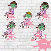 Load image into Gallery viewer, Spa Day Mollie, Cindy, Lily, Juanita, and Sandra Character Stickers
