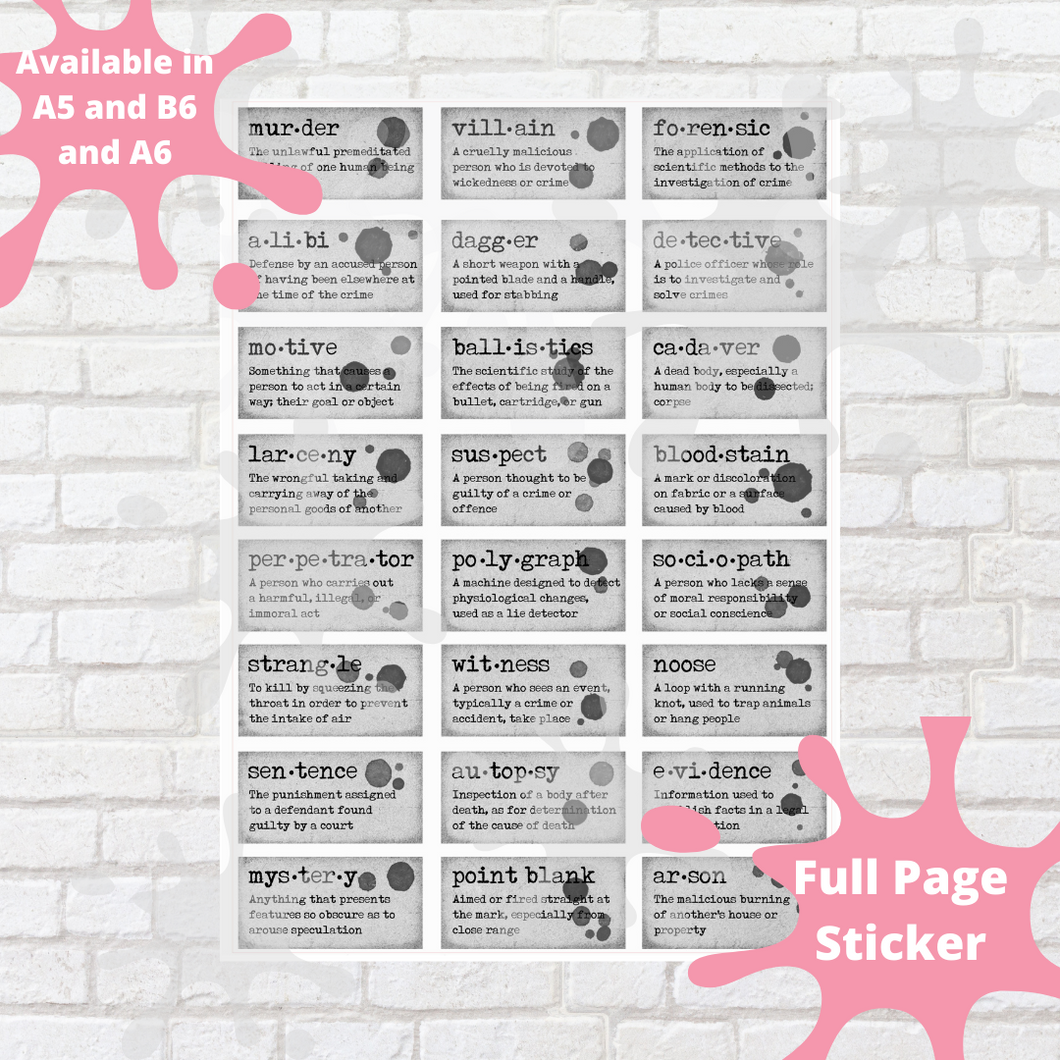 True Crime Definitions Full Page Sticker Sheet