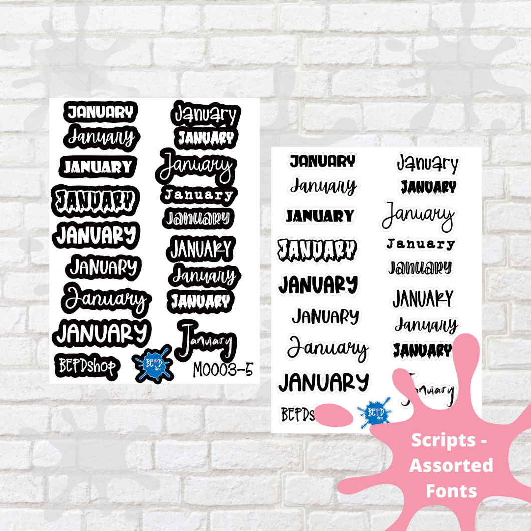 January Assorted Font Script Stickers