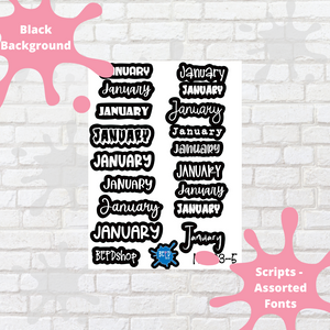 January Assorted Font Script Stickers