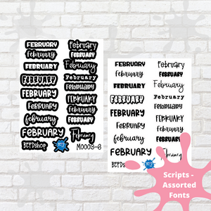 February Assorted Font Script Stickers