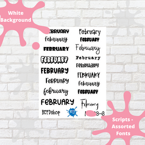 February Assorted Font Script Stickers