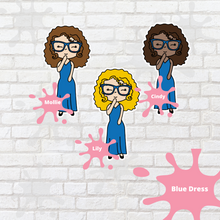 Load image into Gallery viewer, Blue Dress Mollie, Cindy, and Lily Character Stickers
