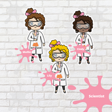 Load image into Gallery viewer, Scientist Mollie, Cindy, and Lily Character Stickers
