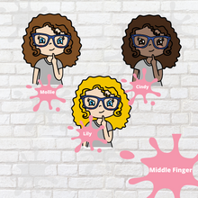 Load image into Gallery viewer, Middle Finger Mollie, Cindy, and Lily Character Stickers
