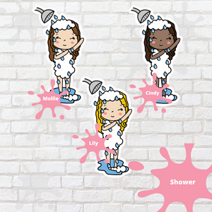 Shower Mollie, Cindy, and Lily Character Stickers