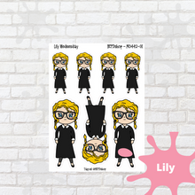 Load image into Gallery viewer, Wednesday Goth Mollie, Cindy, and Lily Character Stickers
