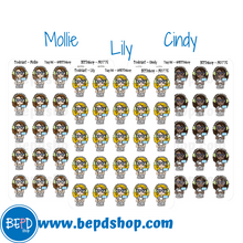 Load image into Gallery viewer, Listening to Podcast or Audiobook Mollie, Cindy, and Lily Character Stickers
