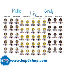 Load image into Gallery viewer, Shopping Mollie, Cindy, and Lily Character Stickers
