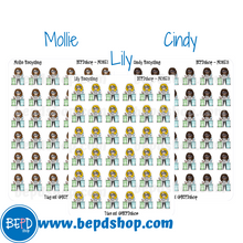 Load image into Gallery viewer, Recycling Mollie, Cindy, and Lily Character Stickers
