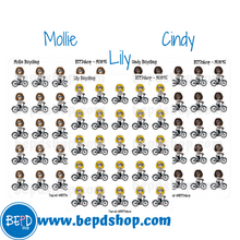 Load image into Gallery viewer, Bicycling Mollie, Cindy, and Lily Character Stickers
