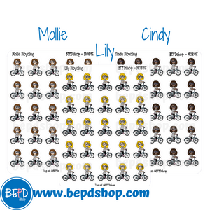 Bicycling Mollie, Cindy, and Lily Character Stickers