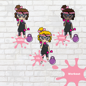 Workout Mollie, Cindy, and Lily Character Stickers
