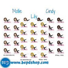 Load image into Gallery viewer, Stretching or Yoga Mollie, Cindy, and Lily Character Stickers
